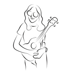 woman with eyeglasses playing acoustic guitar illustration vector hand drawn with black lines isolated on white background.