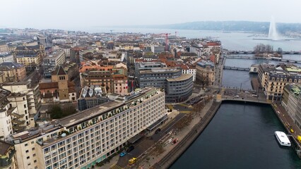 Obraz premium Geneve Aerial View of Waterfront and Jet Fountain