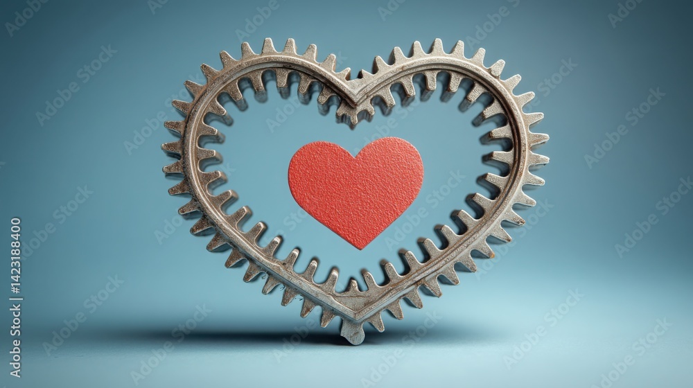 Poster unique heart made of gears to illustrate the intersection of emotion and technology with a chat bubb