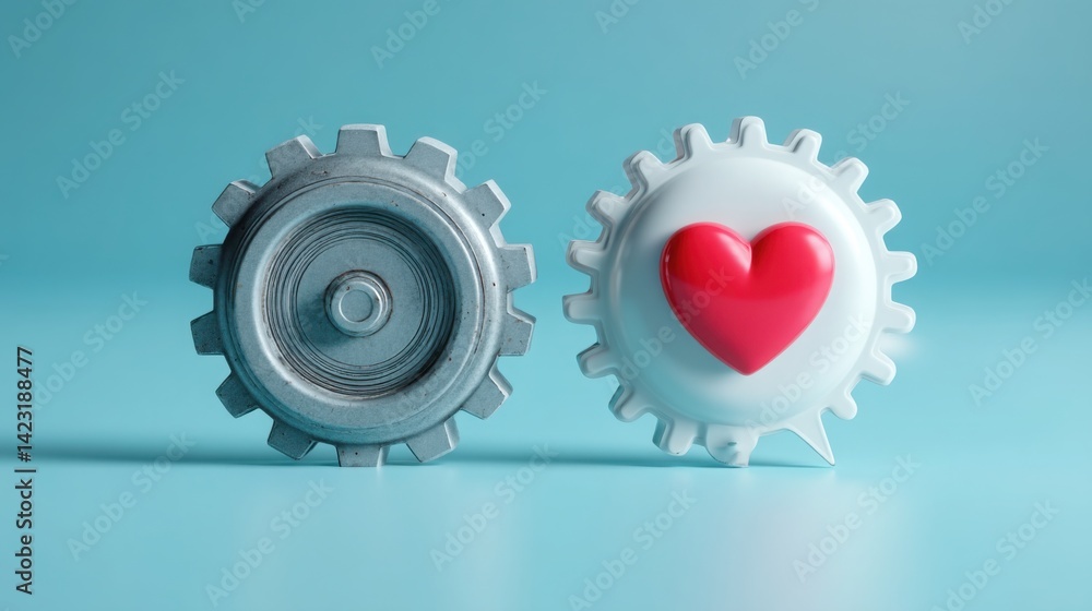 Poster two interlocking gears with a heart embedded inside representing love and mechanism with a chat bubb