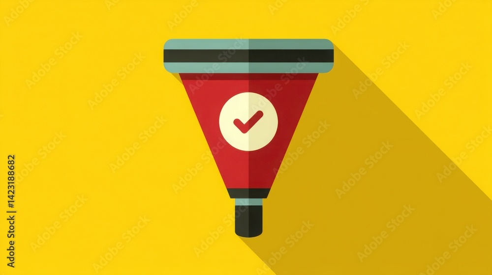Poster red funnel with a check mark inside signifying qualified communication and interaction in a conceptu
