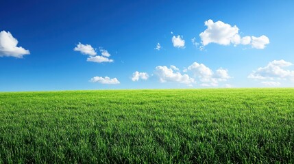 Obraz premium The expansive green field under a bright blue sky with clouds