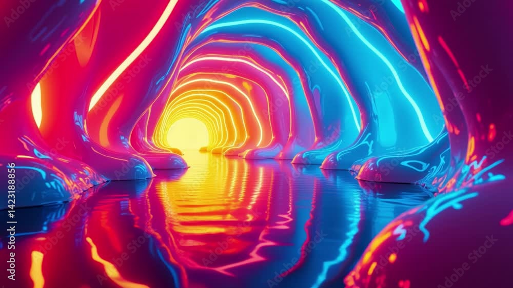 Poster Abstract Neon Light Tunnel with Reflections and Smooth Wavy Forms