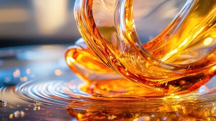 close-up of molten glass being poured into a mold, bright heat, glowing materials, fine artisan detail 