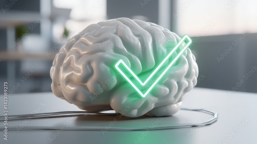 Poster white brain with a green arrow symbolizing validation and intelligence in cognitive processes and de