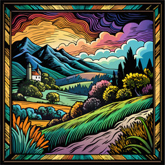 Vibrant Mountain Landscape at Sunset with Rolling Hills and Dramatic Skies