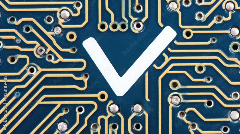 Poster computer circuit board forming a check symbol illustrating validation and technology integration in 