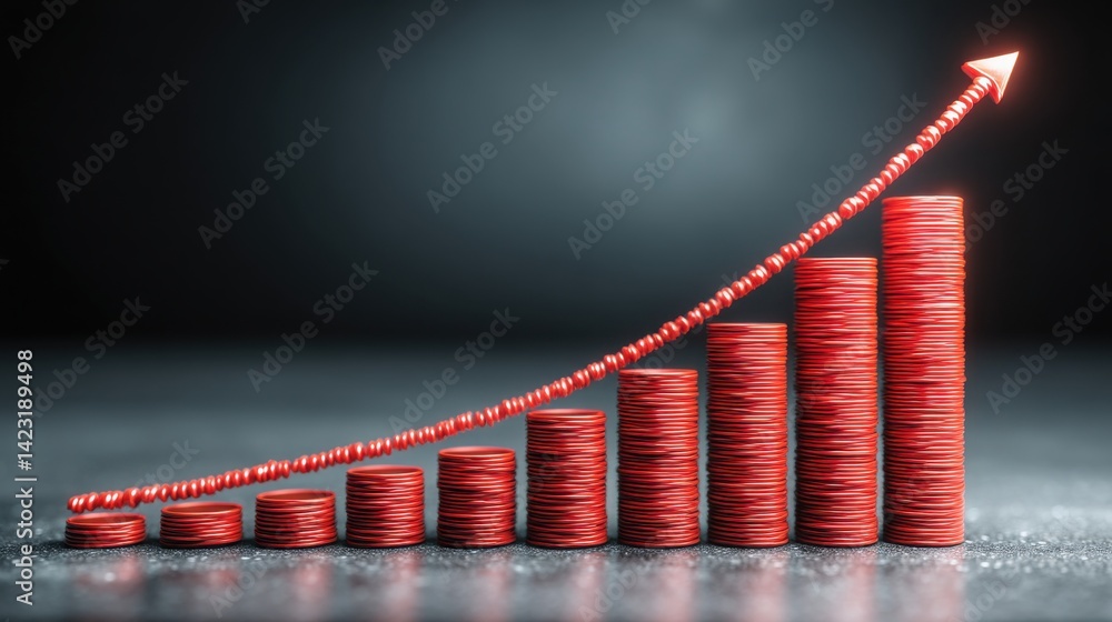 Poster red arrow rising upward from a stack of coins representing data-driven growth and financial progress