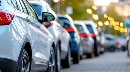 A stock of second-hand cars for sale with bokeh background and defocused lights 