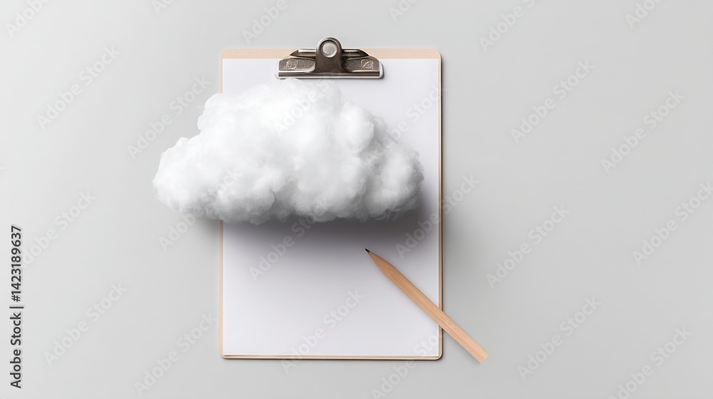 Poster creative clipboard emerging from a data cloud illustrating the transformation of ideas into visual f