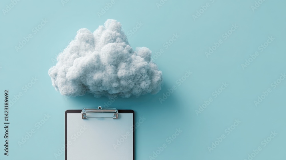 Poster abstract cloud resting on a clipboard representing the connection between digital data and informati