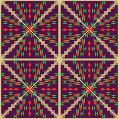 seamless geometric pattern with repeating diamond and triangular shapes in red,green on dark background.design for tile,ceramics,fabric,textile,wallpaper,background,carpet.