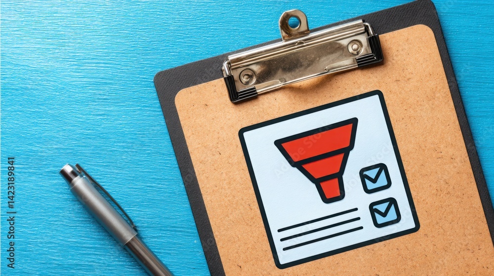 Poster clipboard with a red funnel graphic inside representing the concept of organized input for effective