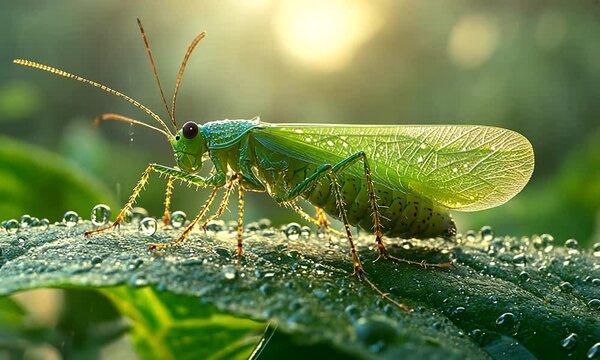 Close-up of a vibrant green insect perched on a dewy leaf, with sunlight filtering through foliage