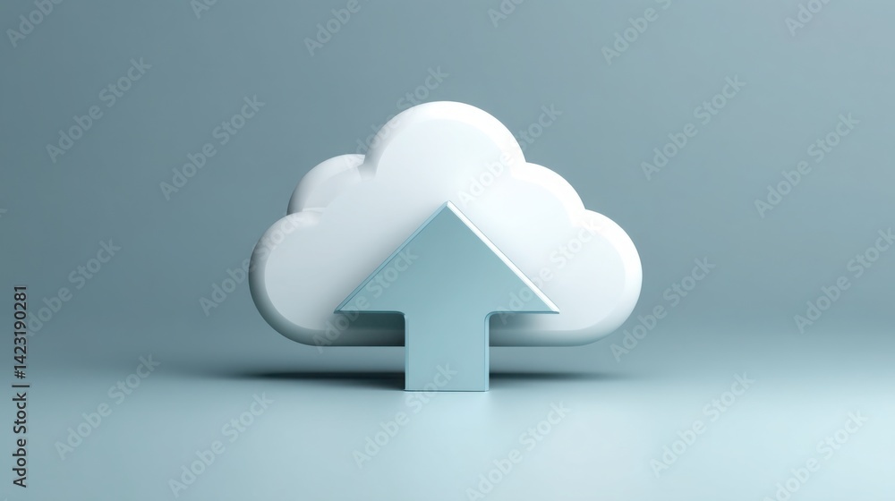 Poster cloud with a house inside representing cloud server icon with upward arrow for backup solutions and 