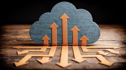 Wooden arrow with cloud-shaped graph representing live updates and continuous syncing in digital services