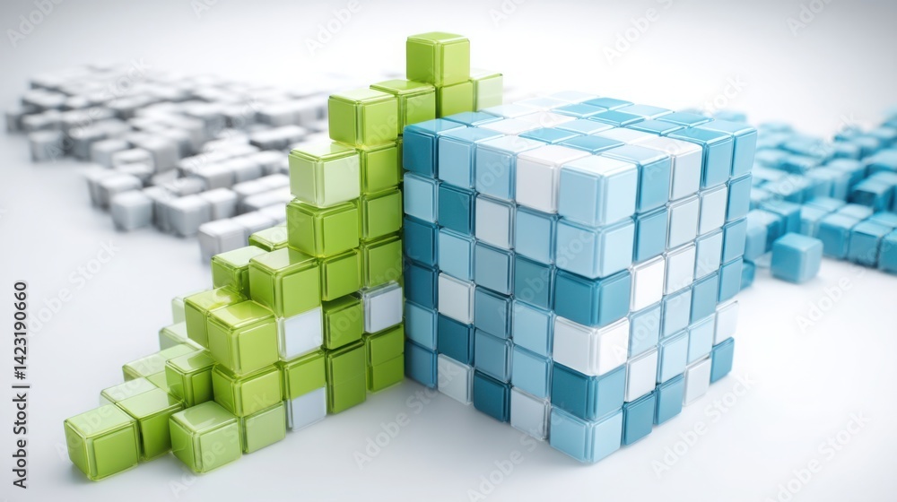 Poster cube displaying a green object positioned on top representing a bar chart design concept for visuali
