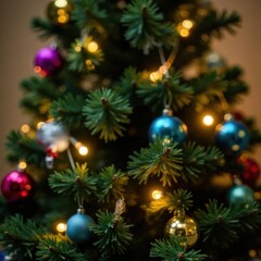 Dense fir tree surrounded by colorful glass ornaments and sparkling fairy lights, blurred for a dreamy effect, holiday decoration, shiny lights