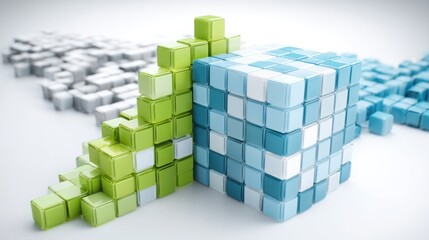 Fototapeta premium Cube displaying a green object positioned on top representing a bar chart design concept for visualizing performance data