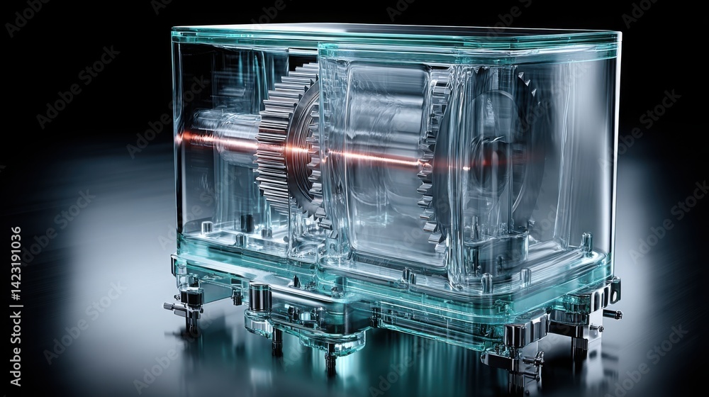 Poster intricate machine enclosed within a transparent glass box highlighting innovative technology and mod