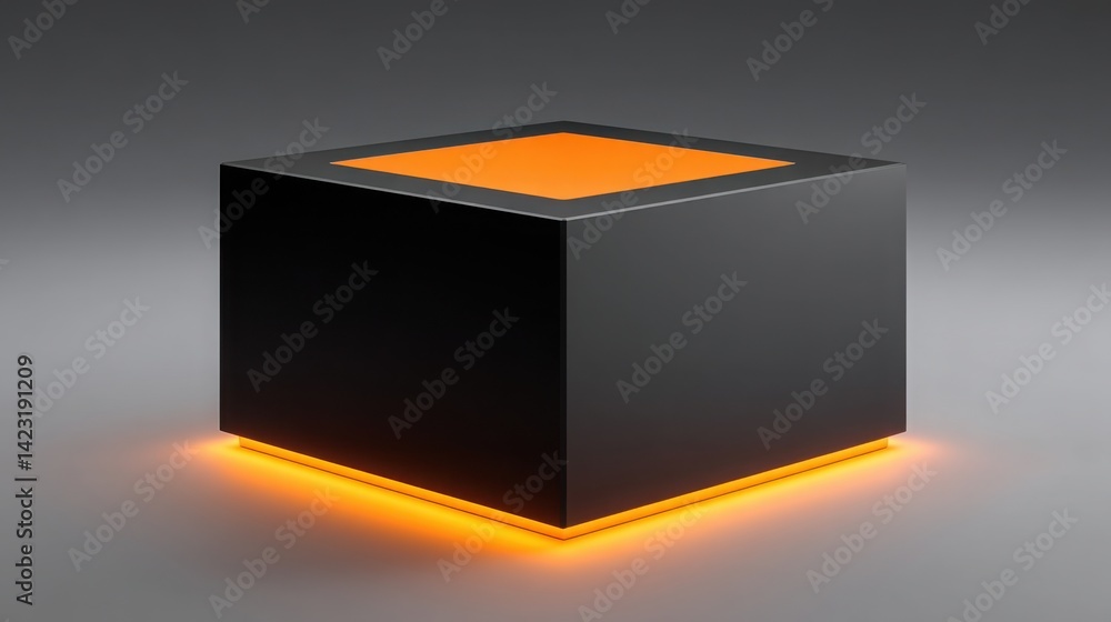 Poster black cube emitting orange light in a dim environment creating a striking visual contrast and captiv