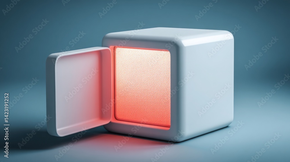 Poster a minimalistic white object emitting a radiant red light, symbolizing a conceptual system unveiling
