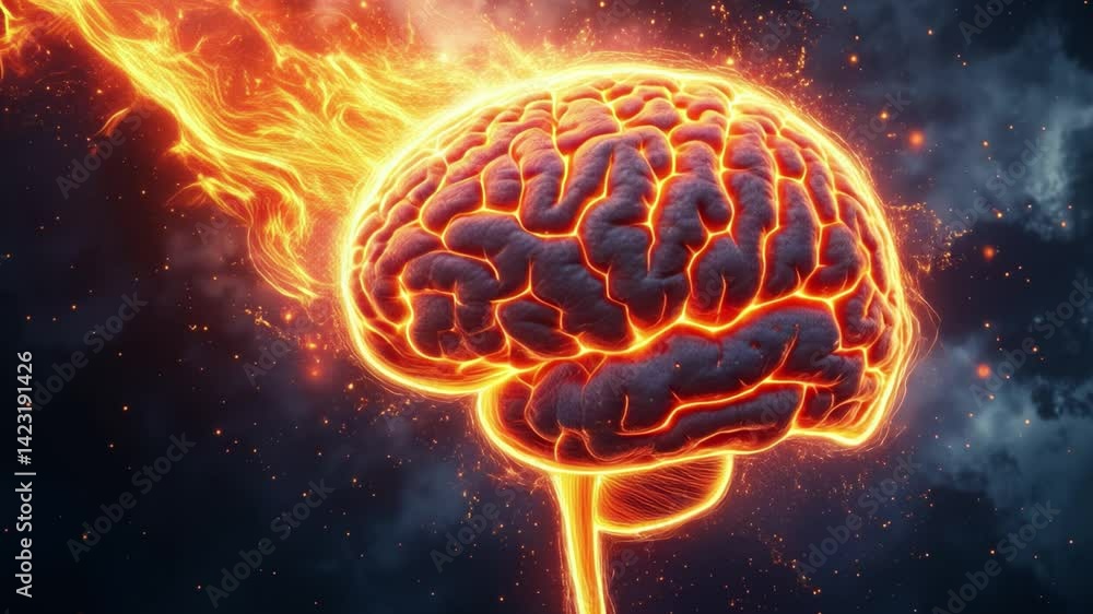 Poster Fiery glowing brain exploding into cosmic light and energy in space