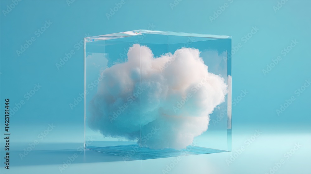 Poster a cloud enclosed within a transparent glass cube, symbolizing cloud-native systems and innovative te