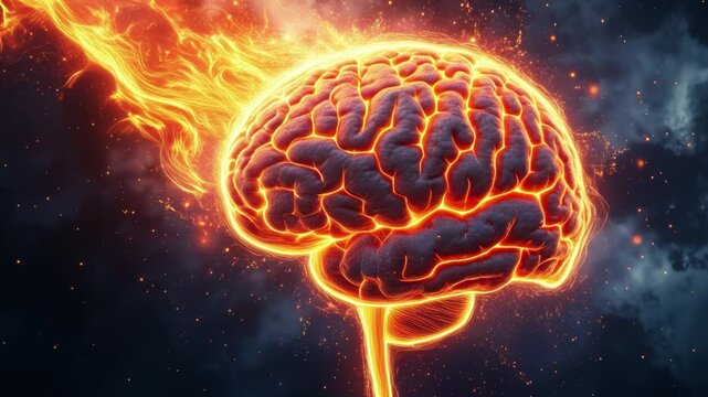 Fiery glowing brain exploding into cosmic light and energy in space