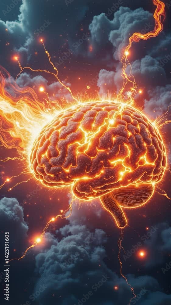 Poster Fiery glowing brain exploding into cosmic light and energy in space