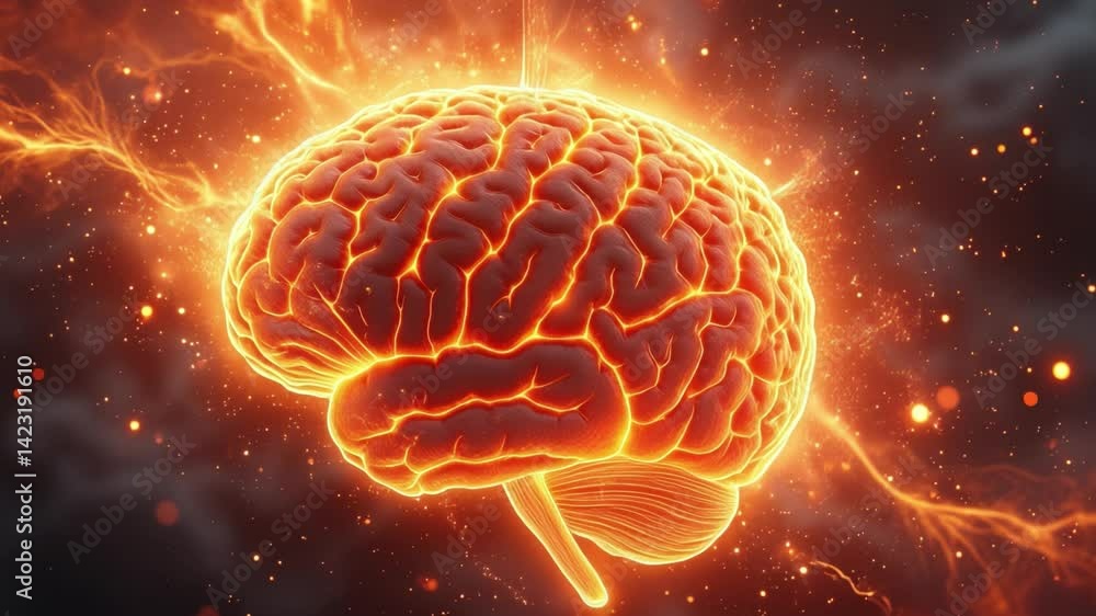Poster Fiery glowing brain exploding into cosmic light and energy in space