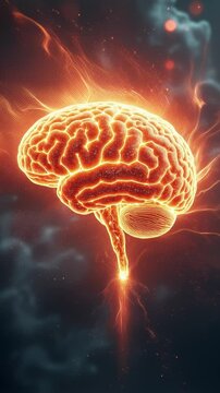 Fiery glowing brain exploding into cosmic light and energy in space