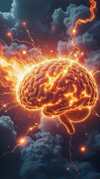 Fiery glowing brain exploding into cosmic light and energy in space