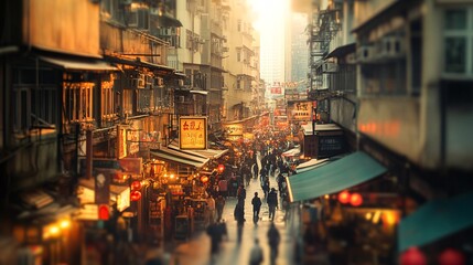Hong Kong street market sunset, crowded walkway, Asian city, vibrant background, travel photography © HellouStock
