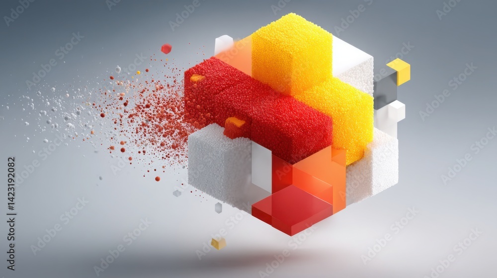 Poster modular growth concept of cube shape expanding into three diverse views with red and yellow cube ele