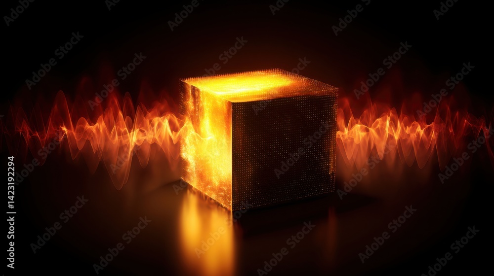 Poster cube surrounded by signal waves with a flame in the background representing a connected object conce