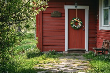 A cobblestone path leads to a red cottage with white trim and a wooden door. A wreath full of fake grass and painted eggs hangs from a hook. The mood is cheerful and cozy