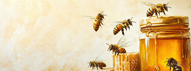 World Bee Day painting with honey jar and flying insects, honeycombs for beekeeping product, apitherapy, healthy agriculture, and nature conservation idea