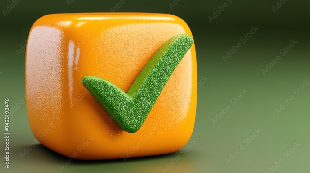 Poster bright green tick mark on vibrant orange cube representing confirmation and success in a dynamic vis