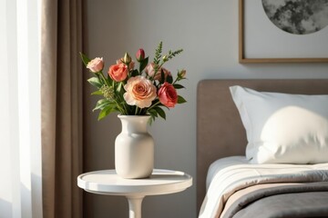 Elegant bottle vase with lush flowers on a minimalist nightstand in a serene bedroom setting, emerald green, flowers