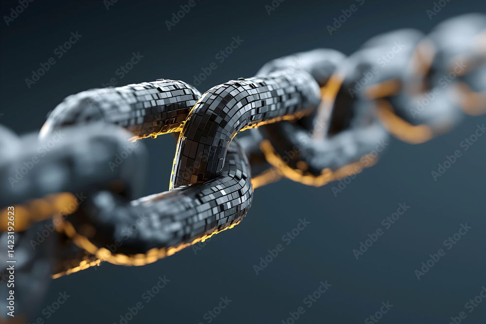 Poster a close-up of a metallic chain link, showcasing intricate details and a blend of light and shadow fo