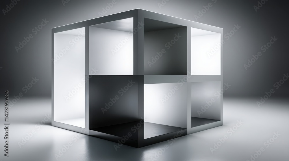 Poster cube shaped object with distinct layers representing a modular system concept for digital innovation