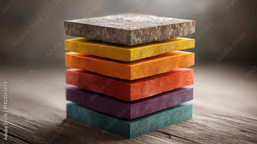 Poster brightly colored stack of blocks representing different product tiers with layered pricing for marke