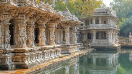 Fototapeta premium Ornate stone structures bordering a serene water reservoir.