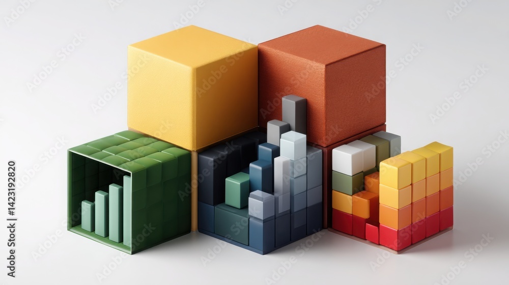 Poster group of disassembling data cubes transforming into chart parts for visualization and analysis in di