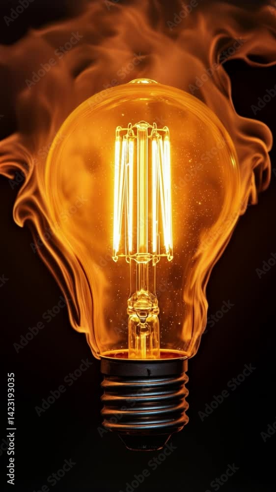 Poster Lit lightbulb surrounded by smoke or fog against a dark background