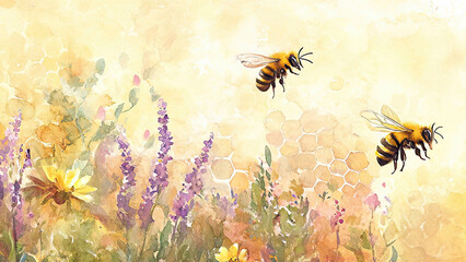 Watercolor bees flying near flowers for world bee day. Floral watercolor background with honeycomb pattern for greeting card, invitation card or spring sale.
