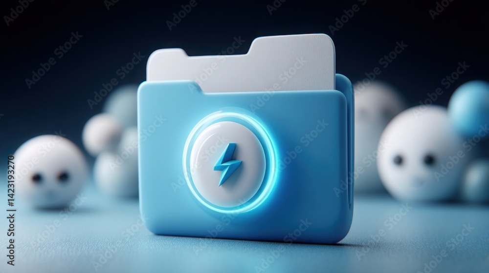 Poster blue and white device with lightning symbol inside folder signifying high-speed data transfer and di