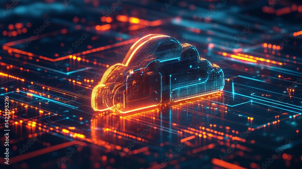 Poster abstract digital cloud computing network technology data orange blue web cyber lines server future