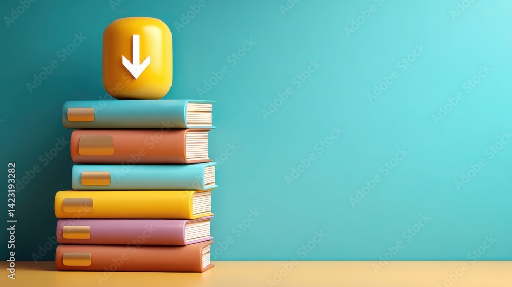 Poster stack of colorful books with a juicy yellow on top symbolizing knowledge and growth in education and